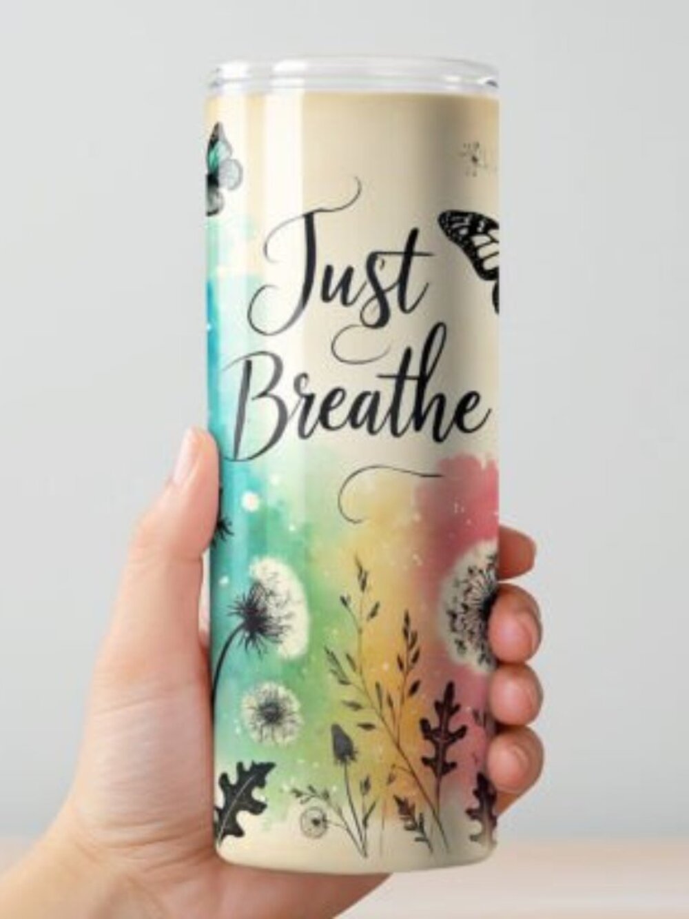Just Breathe" 20 oz Skinny Tumbler – Watercolor Dandelion & Butterfly – New
